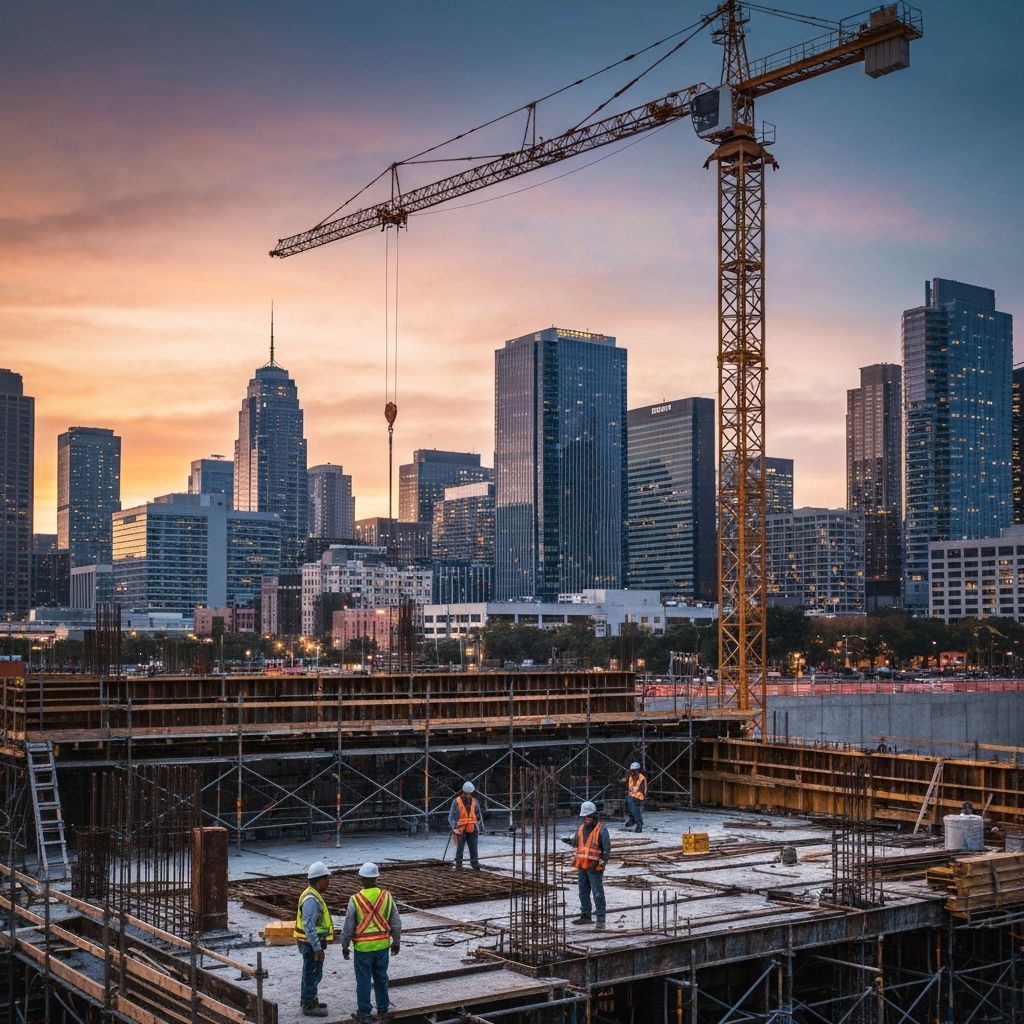 Active construction site with cranes, scaffolding, and workers against a city skyline