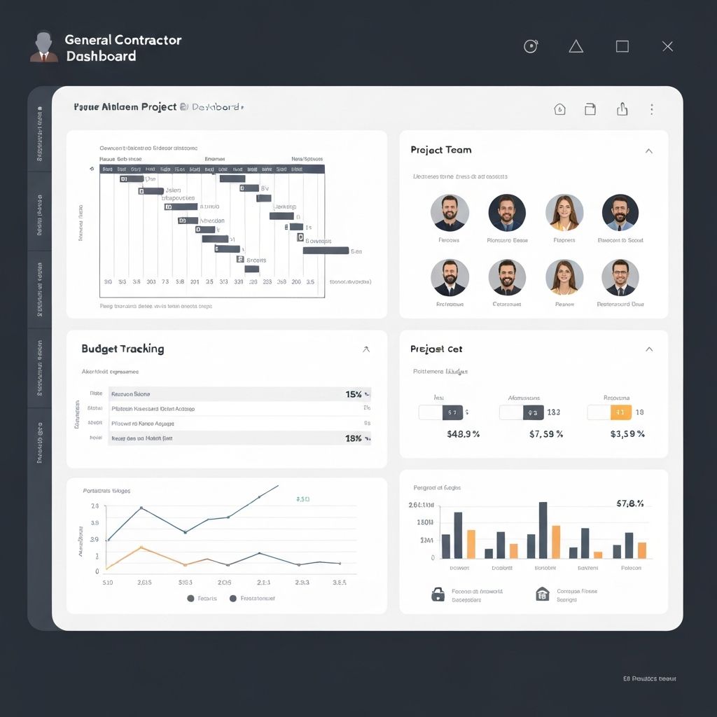 General contractor project management dashboard with Gantt chart, schedule tracking, and cost overview