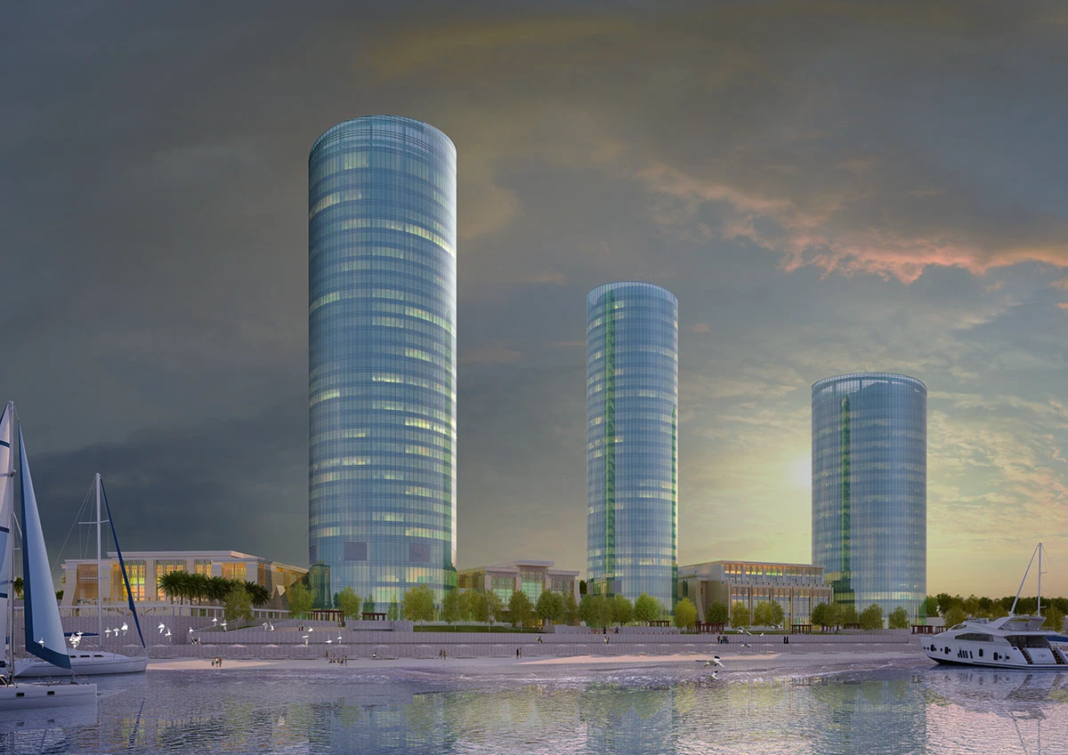 Burj Al-Bahr waterfront rendering showing Mediterranean beachfront mixed-use development