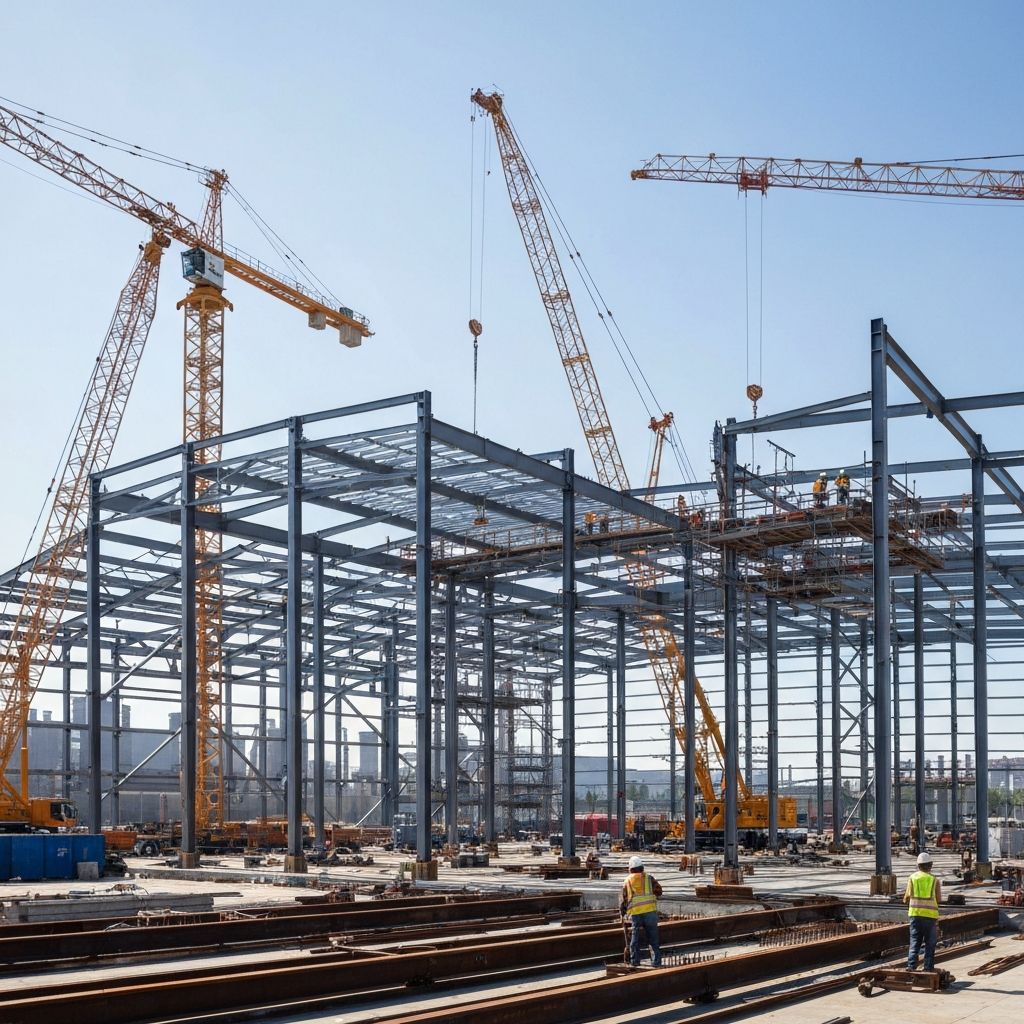 Industrial factory construction site with cranes and steel structures