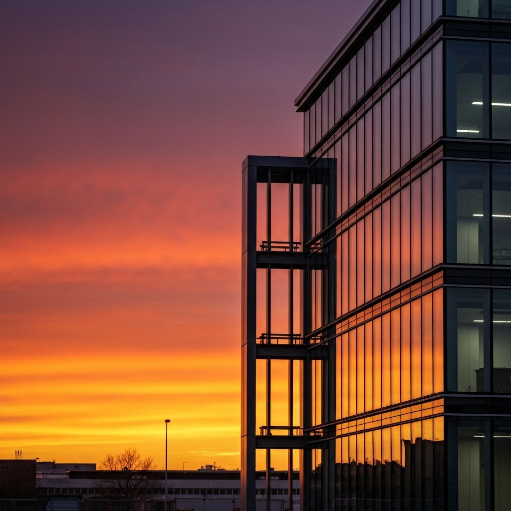 Modern commercial glass office building under construction at sunset